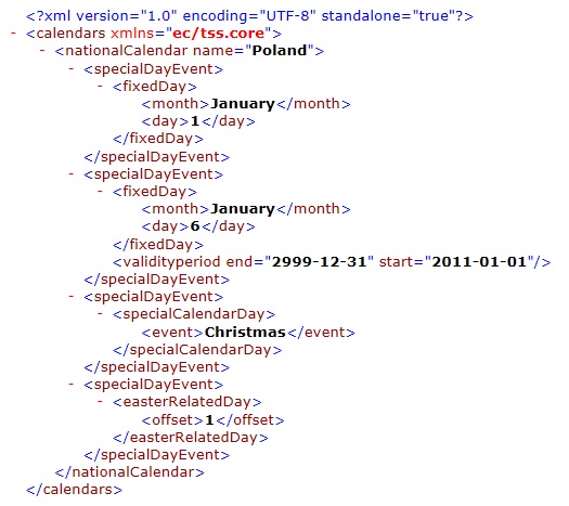 Example of an XML file containing a calendar
